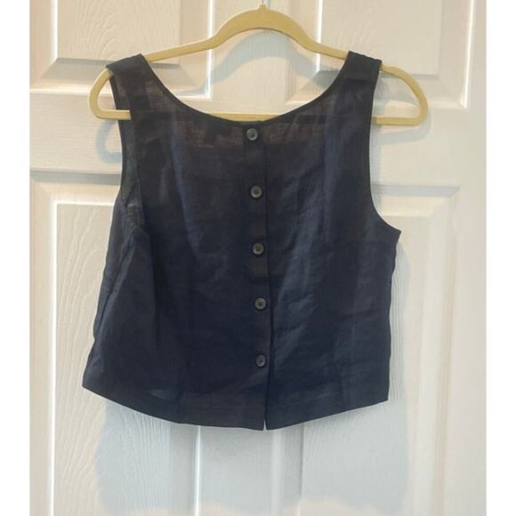 J.Crew Linen Square Neck Cropped Button Black Tank Black Sz M #595 - Picture 2 of 6